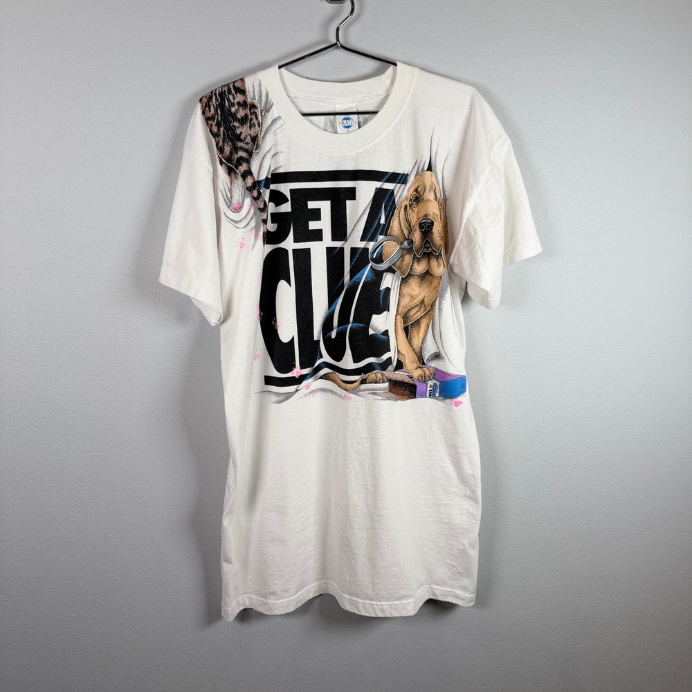 Vintage Katz Get A Clue Dog Cat Graphic Sleep T-Shirt White One Size USA 90s